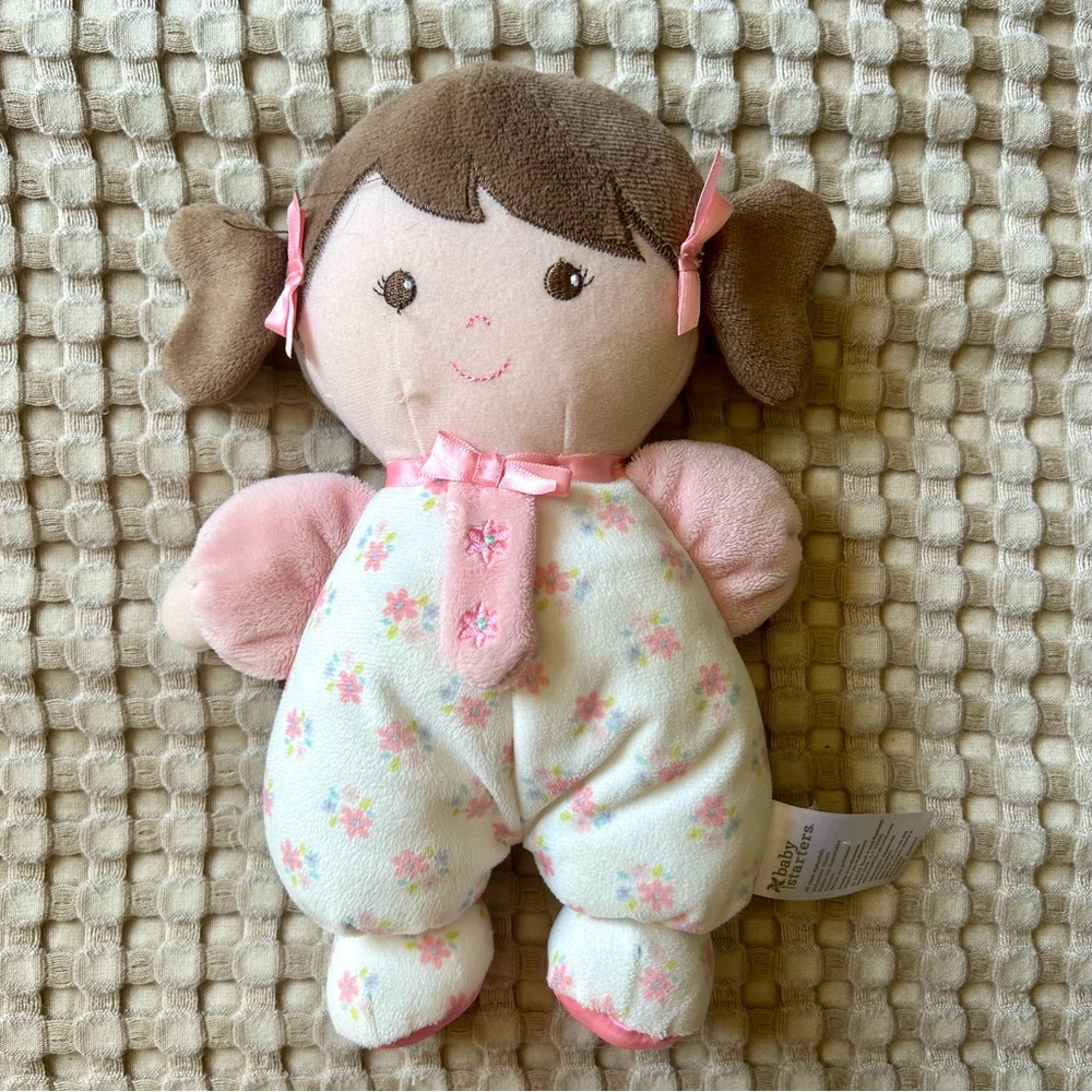 Baby Starters Brunette Plush Baby Doll 9.5" Floral Satin Feet Rattle Bows 2019